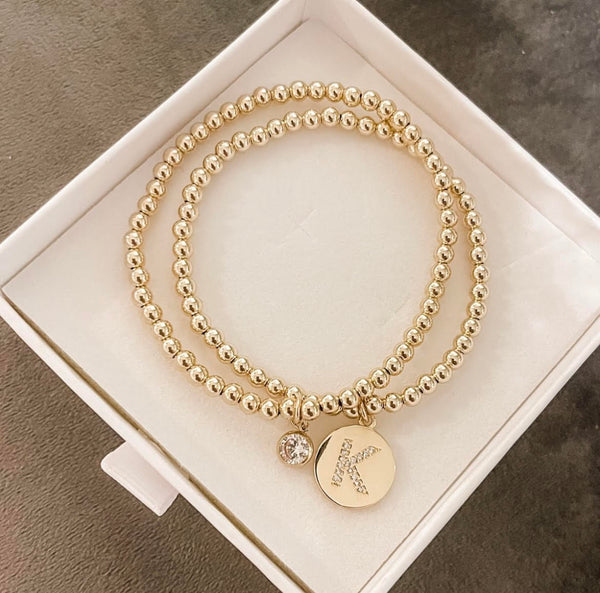 14K Gold Filled 4mm Beaded Bracelet with Alphabet Letter CZ Charm