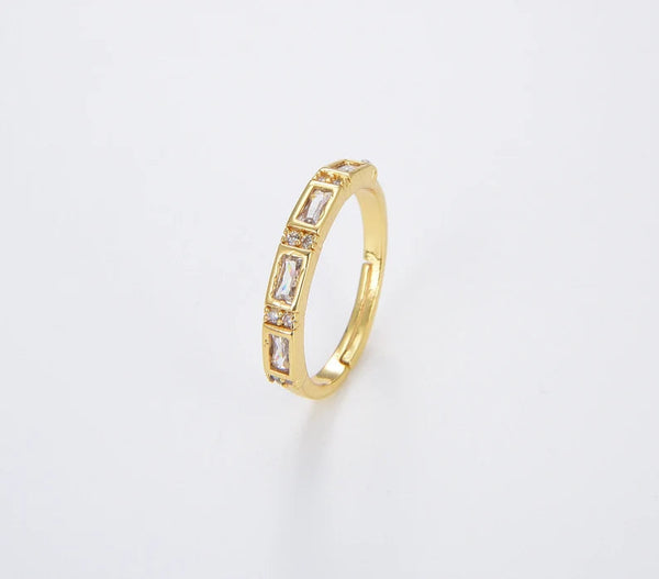 18K Dainty Gold Filled Band Crystal Ring, Baguette CZ Adjustable Ring