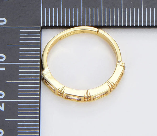 18K Dainty Gold Filled Band Crystal Ring, Baguette CZ Adjustable Ring