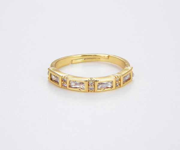 18K Dainty Gold Filled Band Crystal Ring, Baguette CZ Adjustable Ring