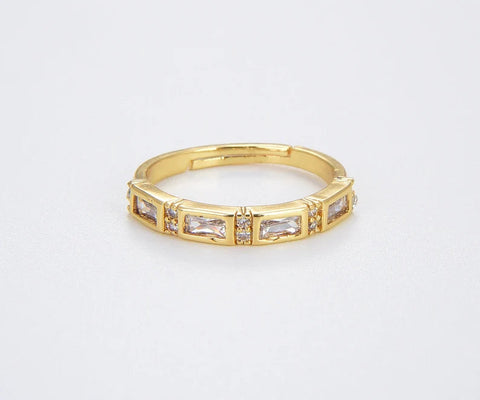 18K Dainty Gold Filled Band Crystal Ring, Baguette CZ Adjustable Ring