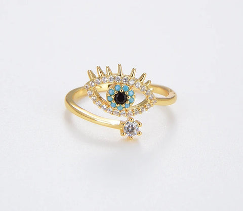 18K Gold Filled Dainty Evil Eye Adjustable Ring