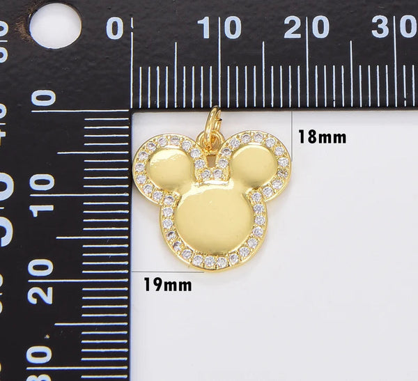 18K Gold Filled Dainty Mickey Mouse Head Charm, CZ Pendant
