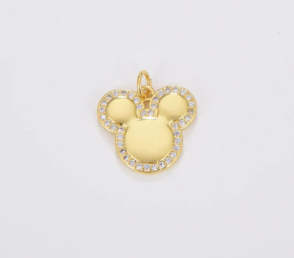 18K Gold Filled Dainty Mickey Mouse Head Charm, CZ Pendant