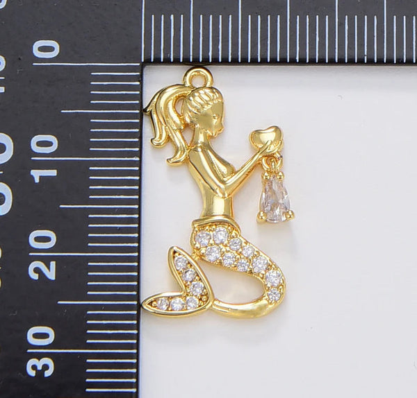 18K Gold Filled, CZ Mermaid Pendant Charm
