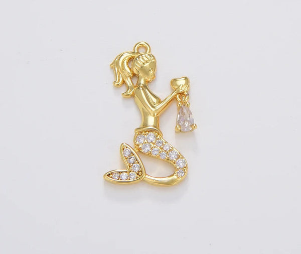 18K Gold Filled, CZ Mermaid Pendant Charm