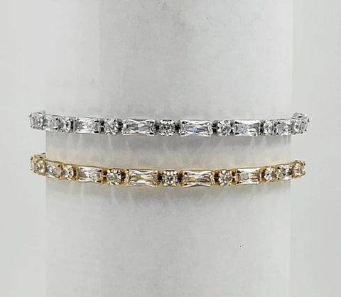 18K Gold Filled or Sterling Silver Round Baguette, Cubic Zirconia Adjustable Bracelet