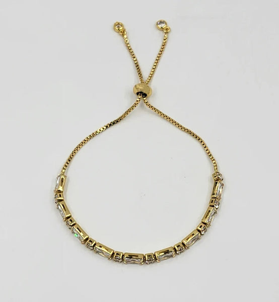18K Gold Filled or Sterling Silver Round Baguette, Cubic Zirconia Adjustable Bracelet