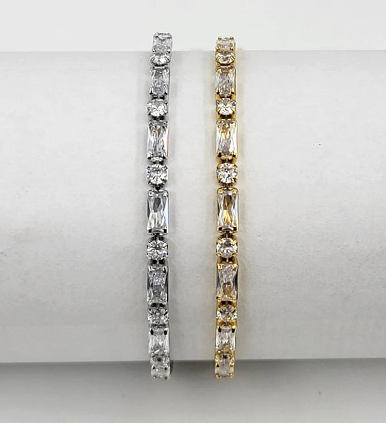 18K Gold Filled or Sterling Silver Round Baguette, Cubic Zirconia Adjustable Bracelet