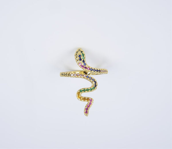 Adjustable CZ Rainbow Snake Ring, 18K Gold Filled