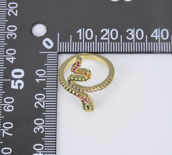 Adjustable CZ Rainbow Snake Ring, 18K Gold Filled