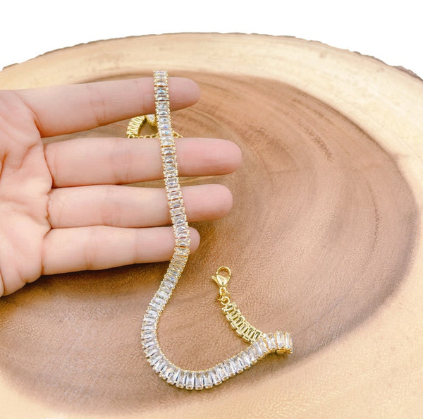 Tennis Baguette CZ Necklace and Bracelet, 18K Gold Filled Square Cubic Zircon Choker Necklace