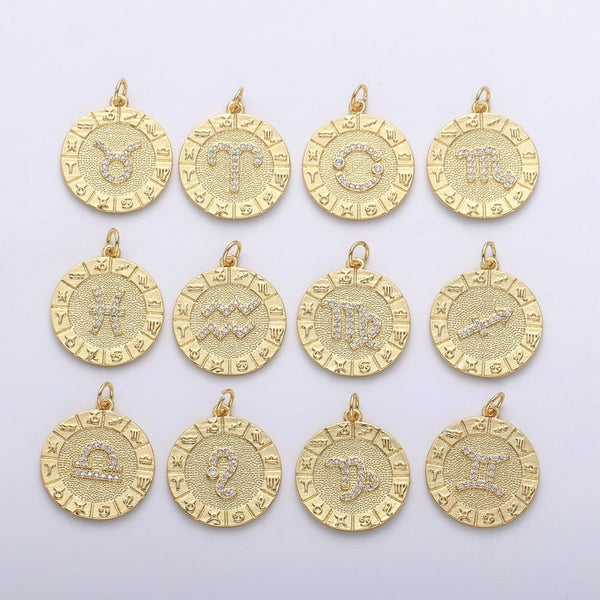 18K Gold Filled Constellation Zodiac Charm, Rustic Coin Twisted Edge