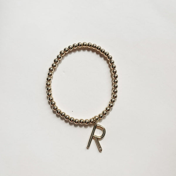 14K Gold Filled 4mm Beaded Bracelet with 24K Gold Filled Letter Charm