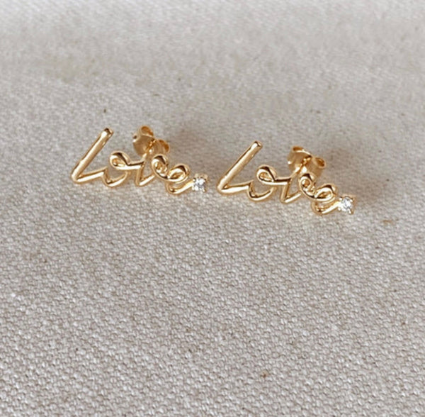 18k Gold Filled Cursive Love Stud With Cubic Zirconia