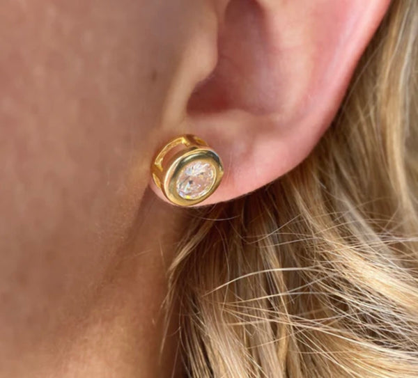 18k Gold Filled 10mm Bezeled Cubic Zirconia Stone Stud Earrings