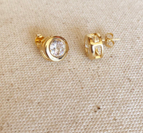 18k Gold Filled 10mm Bezeled Cubic Zirconia Stone Stud Earrings