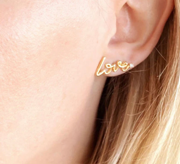 18k Gold Filled Cursive Love Stud With Cubic Zirconia